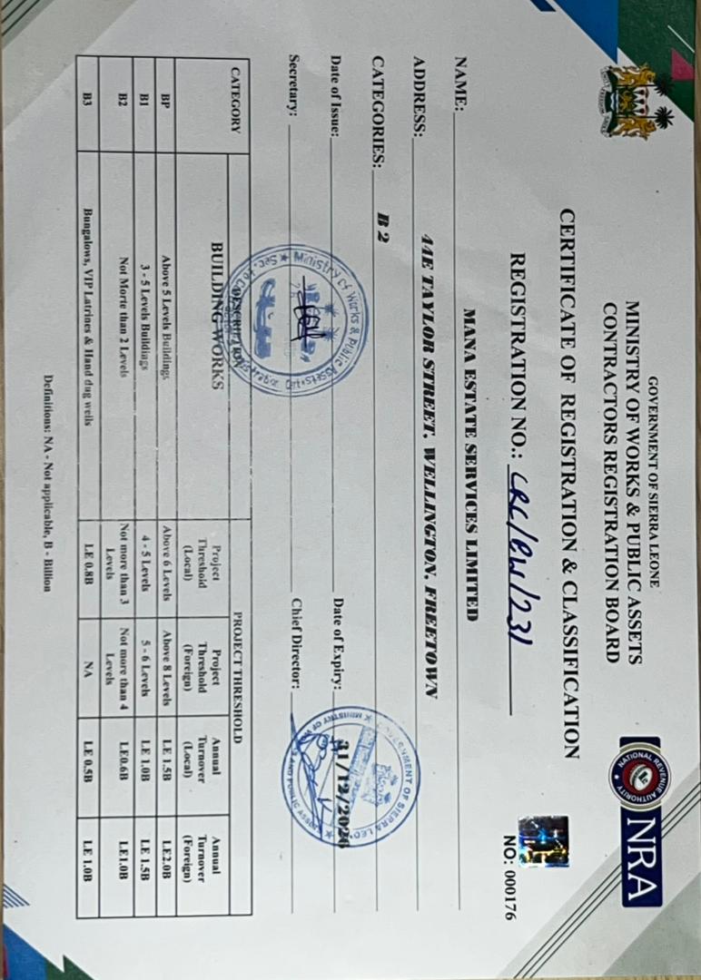 Contractors registration and classification certificate